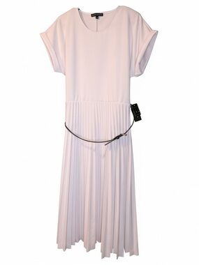 #115–Pleated Midi Dress in White with Slim Belt